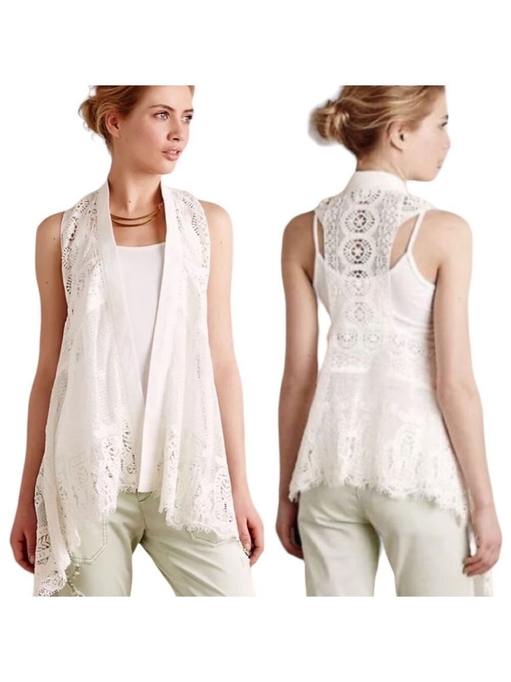 ANTHROPOLOGIE Meadow Rue 100% Cotton White Lace Open Front Vest US Sz XS